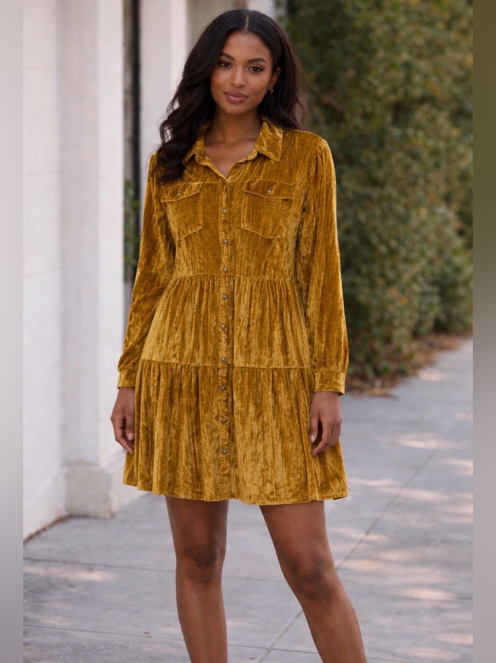Cato Amber Gold Tiered Velvet Midi Dress Size 14/16W Boho Romantic Whimsical